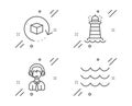 Shipping support, Return package and Lighthouse icons set. Waves sign. Vector Royalty Free Stock Photo