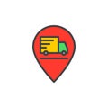 Shipping truck on map pointer filled outline icon, vector sign