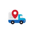 Shipping truck tracking icon design. Moving car with map pin locator illustration for courier delivery tracker symbol