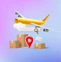 Shippment online tracking 3d render composition with carton boxes and yellow airplaine, search field UI element
