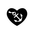 Ships anchor with a black heart symbolizing love and romance, a honeymoon or Valentines cruise or a love of boating and yachting,