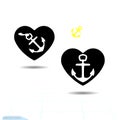 Ships anchor with a black heart symbolizing love and romance, a honeymoon or Valentines cruise or a love of boating and yachting,