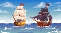 Ships battle. Sea vessels war, old pirate brigantine ship cannon shooting to frigate or galleon cartoon boat shipwreck