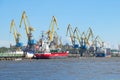 Ships at berth cargo port city of Vyborg sunny summer day. Vyborg, Russia