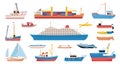 Ships and boats cartoon design. Yachts, cargo and sea ship. Cruise ocean liner, nautical transportation and adventures