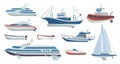 Ships and boats. Cartoon passenger transport. Side view of sailboat or fishing vessel. Sea vehicle types set. Yacht and ocean