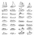 Ships and boats set. Barge and cargo ship, tanker, sailing vessel, cruise liner, tugboat, fishing and speed boat