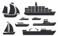 Ships and boats. Set of vector icons: sailboat, yacht, container ship, passenger and cargo ships. Shipping, transport and nautical Royalty Free Stock Photo