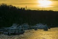 Ships and Boats at Sunset, Santa Cruz, Galapagos Royalty Free Stock Photo