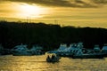 Ships and Boats at Sunset, Santa Cruz, Galapagos Royalty Free Stock Photo