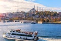 Ships in the Bosphorus, Eminonu pier and the Suleymaniye Mosque, Istanbul Royalty Free Stock Photo