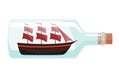 Ships in bottle. Glass with object inside. Miniature model of marine vessel. Hobby craft work and sea theme. Decorative