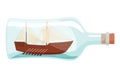 Ships in bottle. Glass with object inside. Miniature model of marine vessel. Hobby craft work and sea theme. Decorative