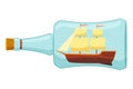 Ships in bottle. Glass with object inside. Miniature model of marine vessel. Hobby craft work and sea theme. Decorative