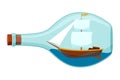 Ships in bottle. Glass with object inside. Miniature model of marine vessel. Hobby craft work and sea theme. Decorative