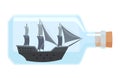 Ships in bottle. Glass with object inside. Miniature model of marine vessel. Hobby craft work and sea theme. Decorative