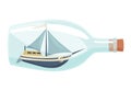 Ships in bottle. Glass with object inside. Miniature model of marine vessel. Hobby craft work and sea theme. Decorative