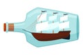 Ships in bottle. Glass with object inside. Miniature model of marine vessel. Hobby craft work and sea theme. Decorative