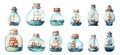 Ships in bottles, abstract glass bottle with nautical landscape. Sea, vintage ship and boat. Isolated watercolor