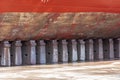 Ships bottom part, seated on the blocks inside the dry dock. Royalty Free Stock Photo