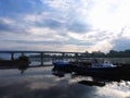 Ships and bridge in sunrise colors, Lithuania Royalty Free Stock Photo