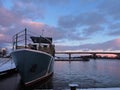 Ships and bridge in sunrise colors, Lithuania Royalty Free Stock Photo