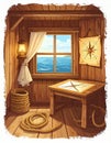 Ships Cabin with Sea View and Navigation Chart Royalty Free Stock Photo