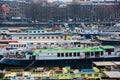 Ships on the canals in Amsterdam. City landscape. Winter season