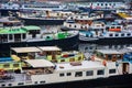 Ships on the canals in Amsterdam. City landscape. Winter season