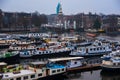 Ships on the canals in Amsterdam. City landscape. Winter season