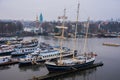 Ships on the canals in Amsterdam. City landscape. Winter season