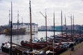 Ships on the canals in Amsterdam. City landscape. Winter season