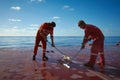 Ships crew members painting hatch cover outdoors with bright blue sky on a background. Ship maintenance concept