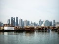Ships in Dhow Harbour in front of Doha skyline Royalty Free Stock Photo