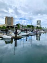 Ships docked at Old Nanaimo under dramatically cloudy day, May 23 2019