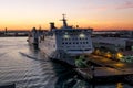 Ships and ferries in the port of La Gullet in Tunisia at sunset