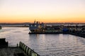 Ships and ferries in the port of La Gullet in Tunisia at sunset