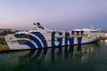 Ships and ferries in the port of La Gullet in Tunisia at sunset