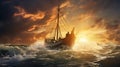 Ships sail through turbulent seas with unwavering travelers.AI Generated Royalty Free Stock Photo