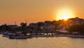 Ships in a harbor of Neos Marmaros at sunset in Sithonia Royalty Free Stock Photo