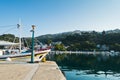 Ships in Loutraki, Glossa harbor at summer morning, Skiathos island Royalty Free Stock Photo