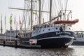 Ships moored in the center of Amsterdam, Netherlands