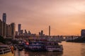 Ships moored in Chongqing town dock at dusk Royalty Free Stock Photo