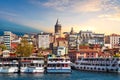 Ships near the Karakoy pier of Istanbul, view from the Golden Horn, Turkey