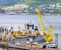 The ships at pier, port cranes on commercial seaport Kamchatka