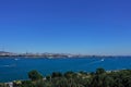 Ships sail on the blue surface of the Bosphorus.