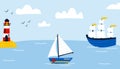Ships in sea background. Cartoon hand drawn colorful sail childish horizontal backdrop, water transport, sailing yacht, sailboat
