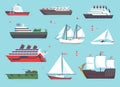 Ships at sea, shipping boats, ocean transport vector icons set