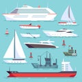 Ships at sea, shipping boats, ocean transport vector icons set Royalty Free Stock Photo