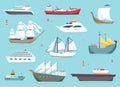 Ships at sea, shipping boats, ocean transport vector icons set